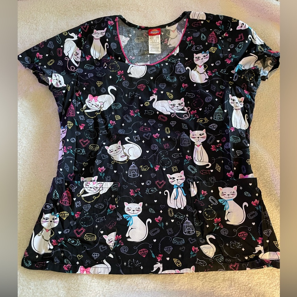 Dickies scrub top with pockets multiple colors Cat Print Short Sleeve scrubs